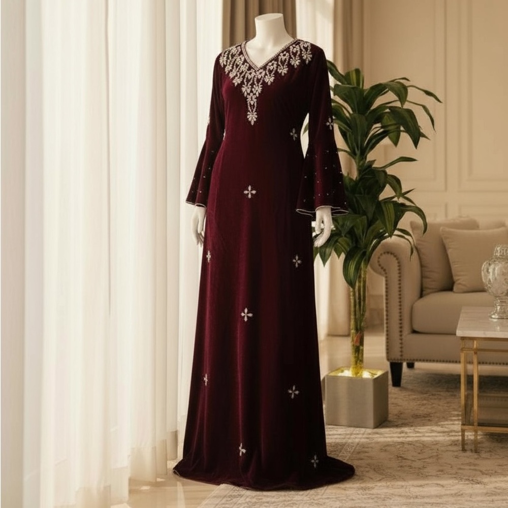 Elegant Burgundy Velvet Dress with Floral Embellishments (Free Size)